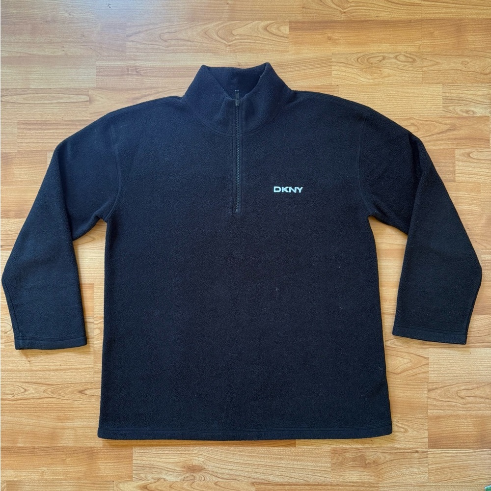 DKNY Men Size M Fleece Long Sleeve 1/3 Zip Pullover Shirt Black Logo